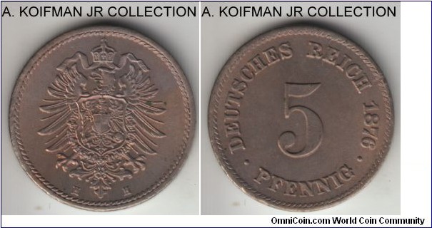 KM-3, 1876 Germany (Empire) 5 pfennig, Darmstadt mint (H mint mark); copper-nickel, plain edge; Wilhelm I, scarce small mintage year, mint state.