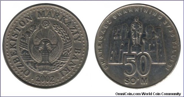 Uzbekistan, 50 som, 2002, Ni-Steel, 26.3mm, 7.9g, 2700 Years of the city of Shahrisabz Shabrining.