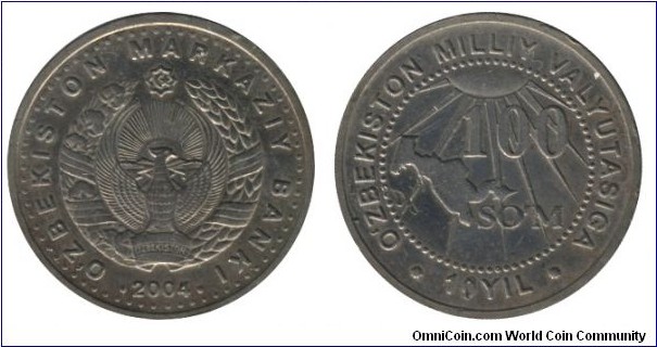 Uzbekistan, 100 som, 2004, Ni-Steel, 36.95mm, 7.92g, 10 Years of National currency.