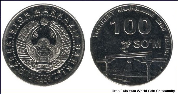 Uzbekistan, 100 som, 2009, Ni-Steel, 27mm, 7.93g, 2200 Years of the city of Tashkent.