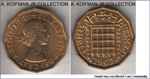 KM-900, 1962 Great Britain 3 pence; nickel-brass, 122-sided flan, plain edge; late Elizabeth II business pound coinage, red brown uncirculated.