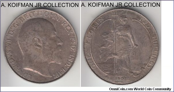KM-801, 1907 Great Britain florin; silver, reeded edge; Edward VII, nicer toned condition, good very fine, problem free rims.