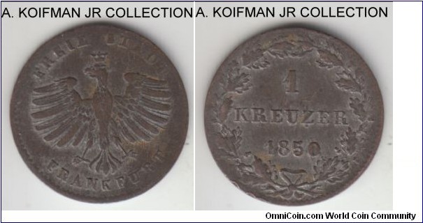 KM-312, 1850 German State Frankfurt am Main kreuzer; silver, plain edge; Imperial free city standard coinage, good fine and dark toning typical of the low silver content coins.