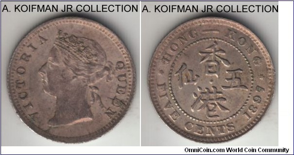 KM-5, 1897 Hong Kong 5 cents, Royal Mint; silver, reeded edge; Victoria, common year, toned good extra fine to about uncirculated.