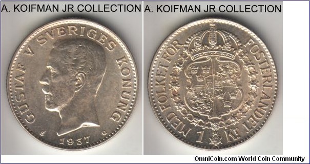 KM-786.2, 1937 Sweden krona; silver, reeded edge; Gustaf V, common year, bright uncirculated specimen.
