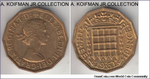 KM-900, 1961 Great Britain 3 pence; nickel-brass, 12-sided flan, plain edge; late Elizabeth II business pound coinage, red brown uncirculated.