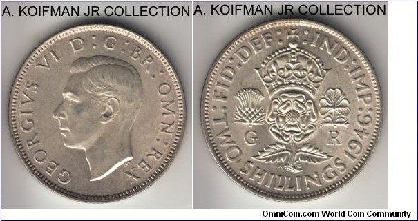 KM-855, 1946 Great Britain 2 shillings (florin); silver, reeded edge; George VI, last year of silver coinage, uncirculated light toning and just a smudge of touch on King's cheek.