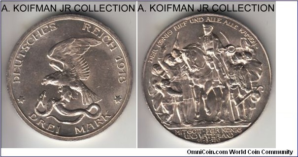 KM-534, 1913 German State Prussia 3 mark, Berlin mint; silver, lettered edge; Wilhelm II, 100'th anniversary of victory over France at Leipzig commemorative, bright average uncirculated.