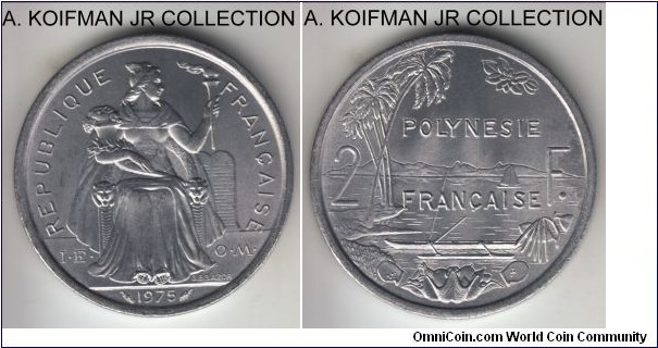KM-10, French Polynesia 1975 2 francs, Paris mint; aluminum, plain edge; common and bright white uncirculated.