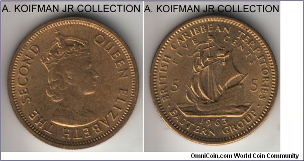 KM-4, 1965 British Caribbean Territories (East Caribbean) 5 cents; nickel-brass, reeded edge; Elizabeth II, smallest mintage of the type, typical yellowish colored uncirculated.