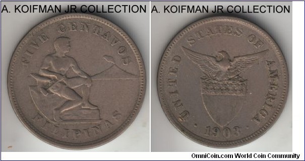 KM-164, 1903 Philippines (US-Philippines Commonwealth) 5 centavos, Manila mint (no mint mark); copper-nickel, plain edge; first and most common Commonwealth coinage year, decent grade, toned good very fine or better.