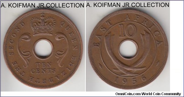 KM-38, 1956 East Africa 10 cents, Royal Mint (no mint mark); bronze, plain edge; Elizabeth II, 1-year type, red brown almost uncirculated.
