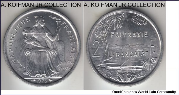 KM-10, French Polynesia 1975 2 francs, Paris mint; aluminum, plain edge; with IEOM, common and bright white uncirculated.
