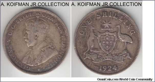 KM-26, 1924 Australia shilling; silver, reeded edge; George V, smaller mintage year, good fine or so.
