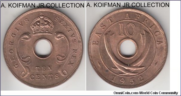 KM-34, 1952 East Africa 10 cents, Royal mint (no mint mark); bronze, plain edge; Elizabeth II, bright mostly red uncirculated.