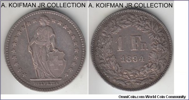 KM-24, 1894 Switzerland franc, Paris mint (A mint mark); silver, reeded edge; one year when that type was minted outside of Bern, very fine to good very fine, old cleaning, retoned.