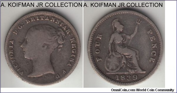 KM-731.1, 1839 Great Britain 4 pence; silver, reeded edge; early Victoria, first young head, well circulated and toned.