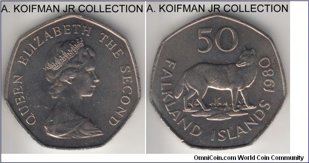 KM-14.1, 1980 Falkland Islands 50 pence; copper-nickel, 7-sided curved flan, plain edge; Elizabeth II, first year of the type, average uncirculated, some contact marks.