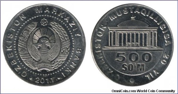 Uzbekistan, 500 som, 2011, Cu-Ni, 25mm, 20th Anniversary of Independence, Palace of International Symposiums.