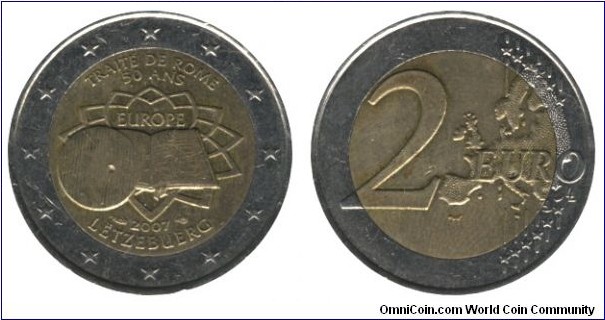 Luxembourg, 2 euros, 2007, Cu-Ni-Ni-Brass, bi-metallic, 25.75mm, 8.5g, 50th Anniversary of the Treaty of Rome.