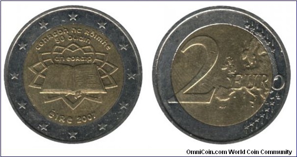 Ireland, 2 euros, 2007, Cu-Nu-Ni-Brass, bi-metallic, 25.72mm, 8.5g, 50th Anniversary of the Treaty of Rome.