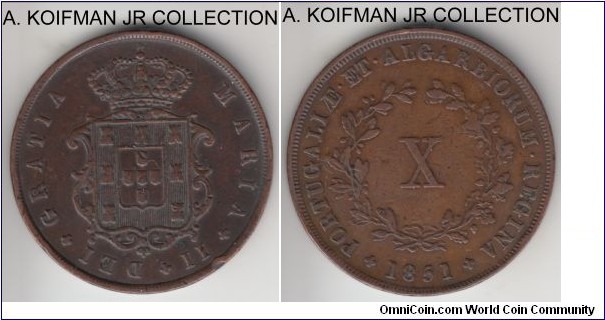 KM-481, 1851 Portugal 10 reis; copper, plain edge; Maria II, about very fine, rim nick and cleaned reverse.