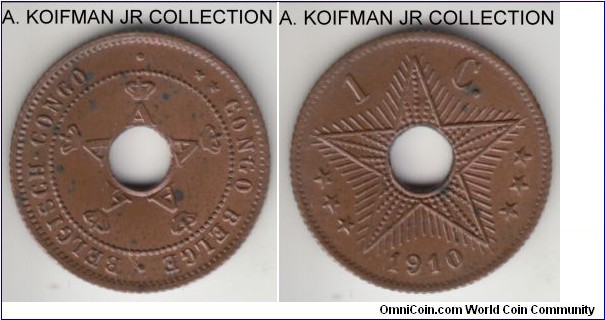 KM-15, 1910 Belgian Congo centime; copper, reeded edge; light brown uncirculated, few spots.