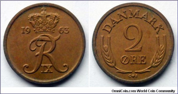 Denmark 2 ore.
1963, Bronze 