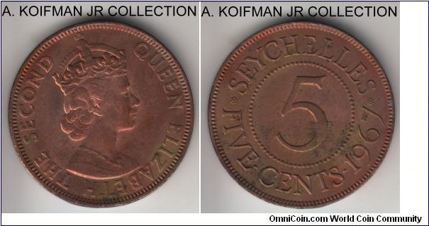 KM-16, 1967 Seychelles 5 cents; bronze, plain edge; late Elizabeth II coinage, together with 1964 smallest mintage years of the type, 20,000 minted, red brown uncirculated.