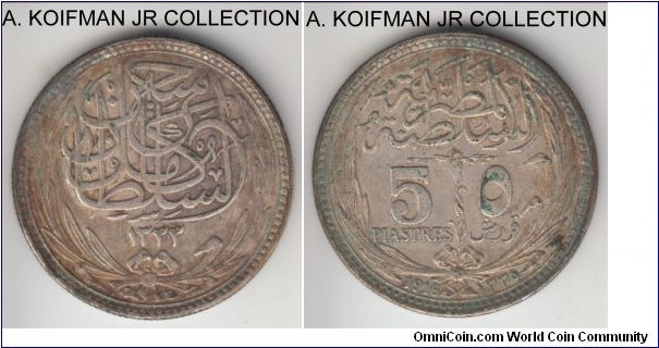 KM-318.1, AH1335 - 1916 Egypt 5 piastres; silver, reeded edge; Hussein Kamil, extra fine or almost, toned in  places.