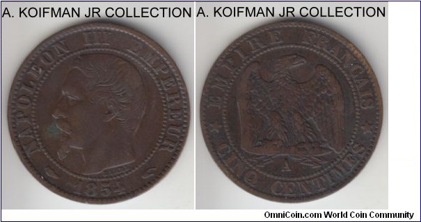 KM-777.1, 1854 France (Second Empire) 5 centimes, Paris mint (A mint mark); bronze, plain edge; Npoleon III, dark brown decent circulated grade, slightly bent.