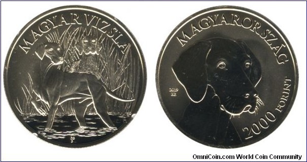 Hungary, 2000 forint, 2019, Cu-Ni-Zn, 34mm, 16g, Hungarian vizsla, pointing dog.