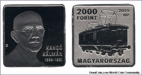Hungary, 2000 forint, 2019, Cu-Ni, 28.43mm, 14g, square shaped, 150th Anniversary of the Birth of Kálmán Kandó, inventor of the electric train.