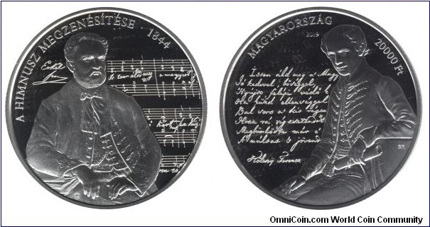 Hungary, 20000 forint, 2019, Ag, 52.5mm, 77.76g, 175th Anniversary of adding music composed by Ferenc Erkel, to the Hungarian Anthem, written by Ferenc Kölcsey.