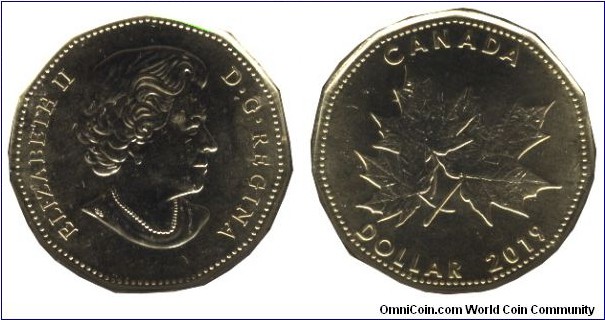 Canada, 1 dollar, 2019, Maple leaf, Queen Elizabeth II, part of set.