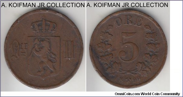 KM-349, 1899 Norway 5 ore; bronze, plain edge; Oscar II, relatively common, quite a few edge knocks.