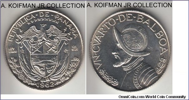 KM-11.2, 1962 Panama 1/4 balboa; silver, reeded edge; one year low relief variety of the type, bright uncirculated.
