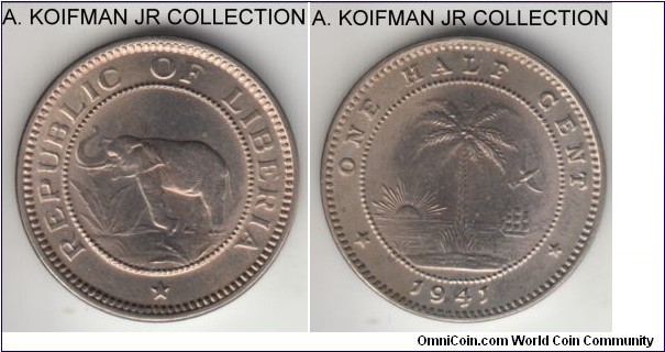 KM-10a, 1941 Liveria 1/2 cent; copper-nickel, plain edge; small mintage but abundantly available, so probably did not see much circulation. average uncirculated or almost.