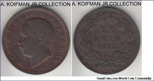 KM-527, 1884 Portugal 20 reis; bronze, plain edge; Luiz I, minted in large quantities but scarce in decent grades, brown very fine to good very fine.