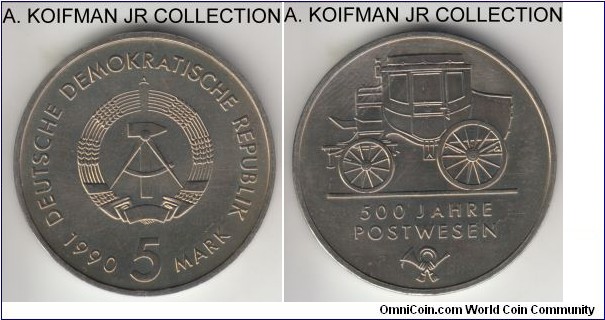KM-134, 1990 Germany (DDR) 5 mark, Berlin mint (A mint mark); copper-nickel, lettered edge; 500 years of Postal service commemorative, average uncirculated.