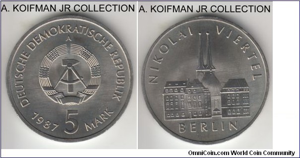 KM-114, 1987 Germany (DDR) 5 mark, Berlin mint (A mint mark); copper-nickel-zinc, lettered edge; Berlin's Nikolai quarter circulation commemortive, average uncirculated, coin was struck with freshly cleaned dies. 