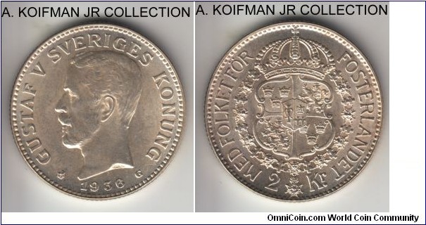KM-787, 1936 Sweden 2 kronor; silver, reeded edge; Gustaf V, bright white uncirculated or so.