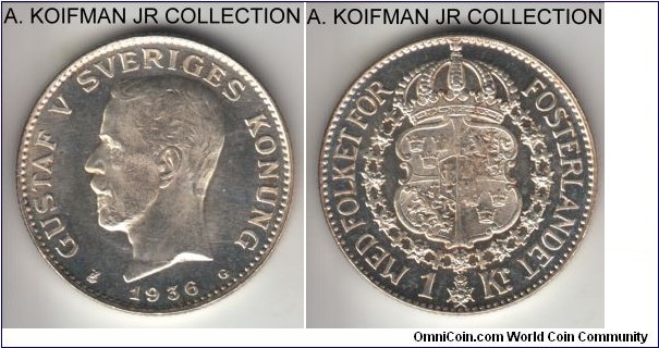 KM-786.2, 1937 Sweden krona; silver, reeded edge; Gustaf V, common year, bright proof like uncirculated specimen.