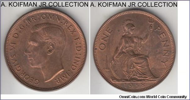 KM-845, 1938 Great Brtain penny; bronze, plain edge; George VI, common but nice red brown uncirculated.
