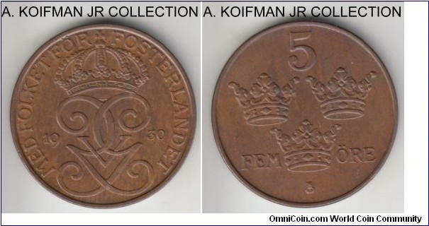 KM-779.2, 1930 Sweden 5 ore; bronze, plain edge; Gustaf V, light brown toned uncirculated.