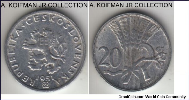 KM-31, 1951 Czechoslovakia 20 haleru; aluminum, plain edge; early Communist state coinage, 2 year type, average uncirculated.