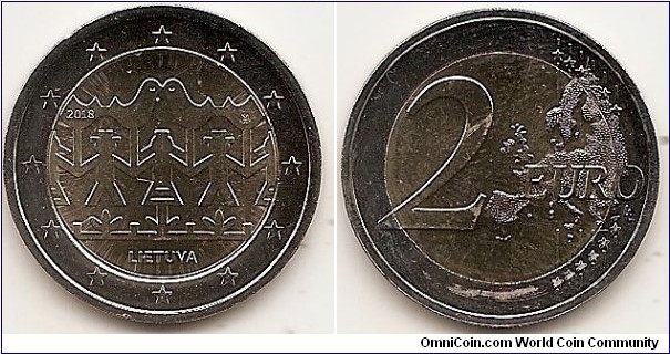 2 Euro KM#NEW 8.5000 g., Bi-Metallic Nickel-Brass center in Copper-Nickel ring, 25.75 mm. Subject : : Lithuanian Song and Dance celebration Obv: The design features stylised figures of people and birds, typical of one of the Lithuanian folk art genres — paper cuttings, symbolic of folk dance and song. The inscription of the issuing country ‘LIETUVA’ is at the center bottom, the year of issuance ‘2018’ is at the left hand side and the mark of the Lithuanian Mint is at the right hand side. The coin’s outer ring bears the 12 stars of the European Union. Rev: 2 on the left-hand side, six straight lines run vertically between the lower and upper right-hand side of the face, 12 stars are superimposed on these lines, one just before the two ends of each line, superimposed on the mid - and upper section of these lines; the European continent ( extended ) is represented on the right-hand side of the face; the right-hand part of the representation is superimposed on the mid-section of the lines; the word ‘EURO’ is superimposed horizontally across the middle of the right-hand side of the face. Under the ‘O’ of EURO, the initials ‘LL’ of the engraver appear near the right-hand edge of the coin. Edge: LAISVE, VIENYBE, GEROVE, fine milled. Obv. designer: Eglė Ratkutė Rev. designer: Luc Luycx