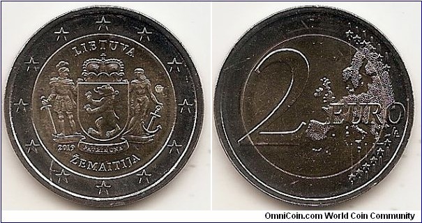2 Euro KM#NEW 8.5000 g., Bi-Metallic Nickel-Brass center in Copper-Nickel ring, 25.75 mm. Subject : Samogitia (Lithuanian Etnographic Regions) Obv: The design features a bear standing on its hind legs, with a chain collar on the neck. It has been depicted on the coat of arms of Samogitia since the 16th century. The bear is situated against a shield topped with a crown, which is held by an armoured soldier (a symbol of courage, sacrifice and patriotism) and a goddess with an anchor (a symbol of hope). Below is a Latin inscription ‘PATRIA UNA’ (one fatherland). The design is surrounded by the inscriptions ‘LIETUVA’ (Lithuania) and ‘ŽEMAITIJA’ (Samogitia), the year of issuance ‘2019’ and the mintmark of the Lithuanian Mint. The coin’s outer ring bears the 12 stars of the European Union. Rev: 2 on the left-hand side, six straight lines run vertically between the lower and upper right-hand side of the face, 12 stars are superimposed on these lines, one just before the two ends of each line, superimposed on the mid - and upper section of these lines; the European continent ( extended ) is represented on the right-hand side of the face; the right-hand part of the representation is superimposed on the mid-section of the lines; the word ‘EURO’ is superimposed horizontally across the middle of the right-hand side of the face. Under the ‘O’ of EURO, the initials ‘LL’ of the engraver appear near the right-hand edge of the coin. Edge: LAISVE, VIENYBE, GEROVE, fine milled. Obv. designer: Rolandas Rimkūnas Rev. designer: Luc Luycx
