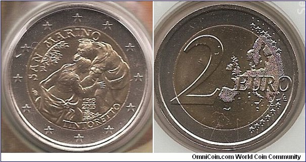 2 Euro KM#NEW 8.5000 g., Bi-Metallic Nickel-Brass center in Copper-Nickel ring, 25.75 mm. Subject: 500th anniversary of the birth of Tintoretto Obv: The centre of the coin depicts a detail from Tintoretto’s painting ‘The Visitation’ (the embrace between the Virgin Mary and Elizabeth), and the dates ‘1518-2018’; at the edge: ‘SAN MARINO’ written above, and ‘Tintoretto’ below; on the left are the initials of the artist Luciana de Simoni ‘LDS’ and the letter ‘R’ identifying the Mint of Rome. The coin’s outer ring bears the 12 stars of the European Union. Rev: 2 on the left-hand side, six straight lines run vertically between the lower and upper right-hand side of the face, 12 stars are superimposed on these lines, one just before the two ends of each line, superimposed on the mid - and upper section of these lines; the European continent ( extended ) is represented on the right-hand side of the face; the right-hand part of the representation is superimposed on the mid-section of the lines; the word ‘EURO’ is superimposed horizontally across the middle of the right-hand side of the face. Under the ‘O’ of EURO, the initials ‘LL’ of the engraver appear near the right-hand edge of the coin. Edge: 2*, repeated six times, alternately upright and inverted, fine milled. Obv. designer: Luciana de Simoni Rev. designer: Luc Luycx
