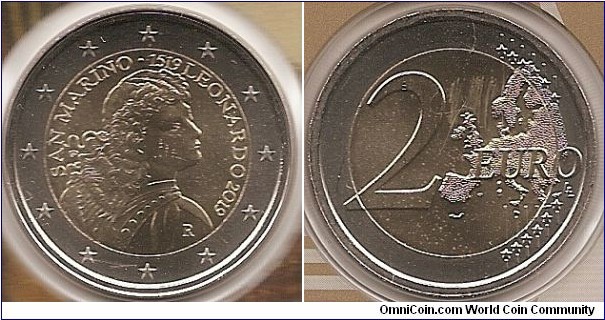 2 Euro KM#NEW 8.5000 g., Bi-Metallic Nickel-Brass center in Copper-Nickel ring, 25.75 mm. Subject: 500th anniversary of the death of Leonardo da Vinci Obv: The centre of the coin depicts an angel painted by Leonardo da Vinci in ‘The Baptism of Christ’; at the edge, on the left is the inscription ‘SAN MARINO’, on the right the inscription ‘1519 Leonardo 2019’; on the left are the initials of the artist Uliana Pernazza ‘UP’ and on the bottom right, the letter ‘R’ identifying the Mint of Rome. The coin’s outer ring bears the 12 stars of the European Union. Rev: 2 on the left-hand side, six straight lines run vertically between the lower and upper right-hand side of the face, 12 stars are superimposed on these lines, one just before the two ends of each line, superimposed on the mid - and upper section of these lines; the European continent ( extended ) is represented on the right-hand side of the face; the right-hand part of the representation is superimposed on the mid-section of the lines; the word ‘EURO’ is superimposed horizontally across the middle of the right-hand side of the face. Under the ‘O’ of EURO, the initials ‘LL’ of the engraver appear near the right-hand edge of the coin. Edge: 2*, repeated six times, alternately upright and inverted, fine milled. Obv. designer: Uliana Pernazza Rev. designer: Luc Luycx